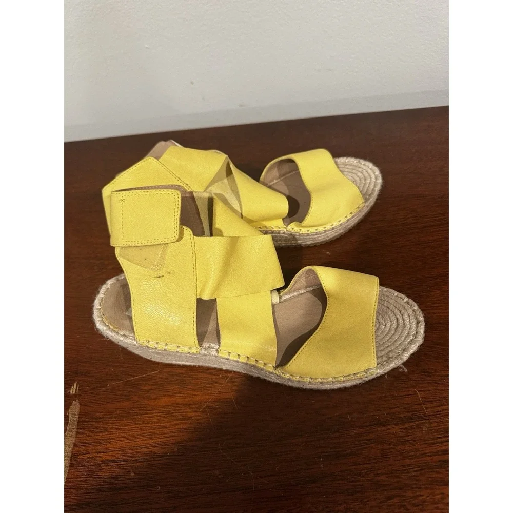 Eileen Fisher Yellow Wedge Sandals Leather Espadrille Criss Cross Women's Sz 9